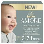 Pampers Amore, Size 2 (10-22 lbs), 74 Count, Our Best Diaper – Hypoallergenic & Fragrance Free, Up to 100% Leakproof, Soft as Cashmere