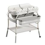 PandaEar 2-in-1 Baby Bathtub & Changing Table, Adjustable Height Folding Diaper Station Waterproof Pad with Storage Rack & Wheels, Baby Bath Tub with Thermometer