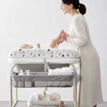 PandaEar 2-in-1 Baby Bathtub & Changing Table, Adjustable Height Folding Diaper Station Waterproof Pad with Storage Rack & Wheels, Baby Bath Tub with Thermometer