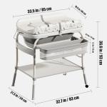 PandaEar 2-in-1 Baby Bathtub & Changing Table, Adjustable Height Folding Diaper Station Waterproof Pad with Storage Rack & Wheels, Baby Bath Tub with Thermometer