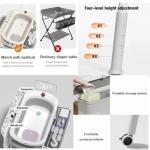 PandaEar 2-in-1 Baby Bathtub & Changing Table, Adjustable Height Folding Diaper Station Waterproof Pad with Storage Rack & Wheels, Baby Bath Tub with Thermometer