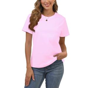100% Cotton Light Pink Basic T Shirts for Women, Crew Neck Short Sleeve Shirts, Loose Fit Plain Workout Tshirts, Tops, Undershirts