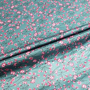 Elegant Floral Print Satin Fabric Soft Polyester Charmeuse Satin Lining Material Scarf Headband Sewing Material (Cyan Blue)