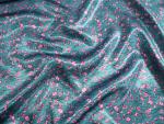 Elegant Floral Print Satin Fabric Soft Polyester Charmeuse Satin Lining Material Scarf Headband Sewing Material (Cyan Blue)
