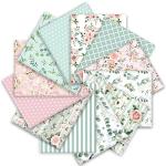 Whaline 12Pcs Cotton Fabric Bundles Floral Greenery Fabric Square Pink Green Retro Sewing Fabrics for Spring DIY Handmade Craft Decor, 14 x 14 in