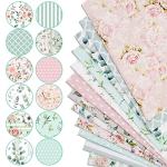 Whaline 12Pcs Cotton Fabric Bundles Floral Greenery Fabric Square Pink Green Retro Sewing Fabrics for Spring DIY Handmade Craft Decor, 14 x 14 in