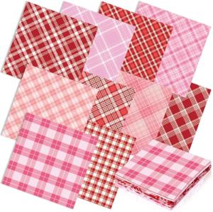 Frienda 10 Pcs Valentine's Day Fabric Bundles, 20 x 20 Inch Red Pink Plaid Stripe Pre-Cut Squares, Romantic Sewing Fabric for Quilting Patchwork DIY Handmade Craft Home Valentines Party Decoration