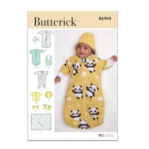 Butterick B6968A Infants' Bunting, Jumpsuit, Shirt, Diaper Cover, Hat, Bib, Mittens, Booties and Blanket Sewing Pattern Kit, Design Code B6968, Sizes XXS-XS-S-M-L