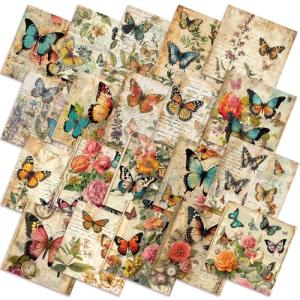 HunnmingRe 20 Pcs 10''x10'' Vintage Butterfly Quilting Fabric Square Retro Floral Precuts Quilted Fabric Bundle Retro Leaves Flower Printed Sewing Material for Holiday Patchwork DIY Craft Supplies