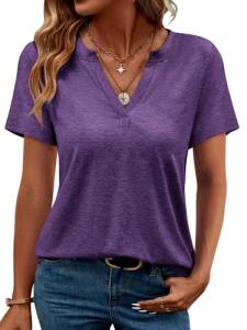 TICTICMIMI Women's V Neck Summer Tops Casual Short Sleeve T Shirts Basic Loose Fit Dressy Tees Violet