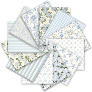 JarThenaAMCS 12Pcs Hydrangea Cotton Fabric Bundles 14 x 14 Inch Watercolor Dusty Blue Floral Pre-Cut Square Flower Plaid Stripe Sewing Fabrics for DIY Craft Party Decor