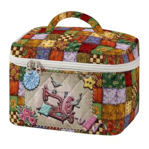 MYSMOR Large Quilted Makeup Bag Vintage Sewing Pattern Cosmetic Travel Case for Women Patchwork Aesthetic Toiletry Organizer with Handle Skincare Brushes Accessories