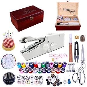 Handheld Sewing Machine, with Elegant Wooden Sewing Box and 153-Piece Sewing Kit, Mini Portable Cordless Hand held Sewing Machine, Perfect for Adults, Beginners, and Quick Home Repairs