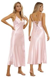 ALCEA ROSEA Women Silk Satin Nightgown Sexy Lace Chemise Lingerie Long Sleepdress for Ladies Sleepwear Slip Negligee (X-Pink,Small)
