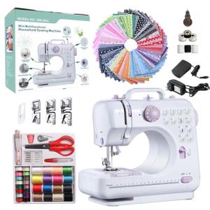 Sewing Machine for Beginners, Portable Mini Small Sewing Machine with 50 Pcs Fabric and 32 Pcs Sewing Threads Kit, 12 Built-in Stitches 2 Speed with Foot Pedal