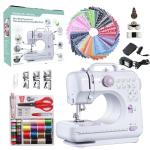 Sewing Machine for Beginners, Portable Mini Small Sewing Machine with 50 Pcs Fabric and 32 Pcs Sewing Threads Kit, 12 Built-in Stitches 2 Speed with Foot Pedal
