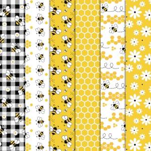 Whaline 6Pcs Bee Cotton Fabric Bundles Bee Daisy Honeycomb Plaid Fat Quarters Theme Quilting Patchwork Squares for Summer DIY Handmade Craft Decor, 18 x 22 Inch