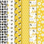 Whaline 6Pcs Bee Cotton Fabric Bundles Bee Daisy Honeycomb Plaid Fat Quarters Theme Quilting Patchwork Squares for Summer DIY Handmade Craft Decor, 18 x 22 Inch