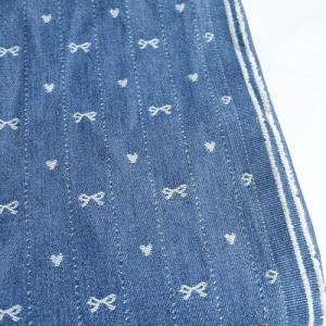 Amitofo Washed Denim Fabric, Sky Blue, 10oz Non-Stretch Cotton, Jacquard Bow Heart Pattern, 70 Inches Wide, 340gsm (Cut by The Yard)