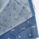 Amitofo Washed Denim Fabric, Sky Blue, 10oz Non-Stretch Cotton, Jacquard Bow Heart Pattern, 70 Inches Wide, 340gsm (Cut by The Yard)