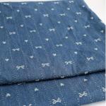 Amitofo Washed Denim Fabric, Sky Blue, 10oz Non-Stretch Cotton, Jacquard Bow Heart Pattern, 70 Inches Wide, 340gsm (Cut by The Yard)