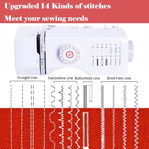 Dechow Sewing Machine for Beginners, Electric Mini Portable, 14 Built-in Stitches with Reverse Sewing, 2 Speeds Double Thread with Foot Pedal, Storage Bag, Cotton Fabric and Threads- Extension Table