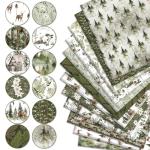 Whaline 12Pcs Christmas Watercolor Forest Cotton Fabric Bundles 18 x 22 Inch Green Christmas Tree Flower Deer Fat Quarter Xmas Quilting Patchwork for DIY Handmade Sewing Crafting