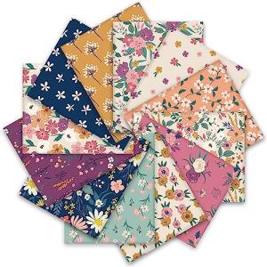 Whaline 12Pcs Retro Floral Cotton Fabric Bundles Wildflower Fabric Square Vintage Flower Sewing Fabrics for DIY Handmade Craft Decor, 10 x 10 in