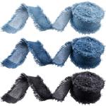 Winsyison 3 Rolls 2 Yards Fringes Fabric Denim Ribbon, Rustic Frayed Fringes Ribbons Trim, Trim Embellishments for Wrapping Sewing Weddding Decor- Light Blue & Blue & Black