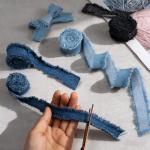 Winsyison 3 Rolls 2 Yards Fringes Fabric Denim Ribbon, Rustic Frayed Fringes Ribbons Trim, Trim Embellishments for Wrapping Sewing Weddding Decor- Light Blue & Blue & Black