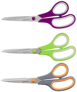 Amazon Basics Stainless Steel Scissors for Office, Crafts, Multipurpose, Sharp, Comfort Grip, PVD Coated, 3 Pack, Multicolor