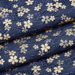 MAYJOYDIY 1 Yard 59 Inch Blue Japanese Cotton Fabric Sakura Quilting Bundles Gold Cherry Blossoms and Waves Print for Sewing Clothing Bag Tablecloth Sofa Pillow DIY Craft