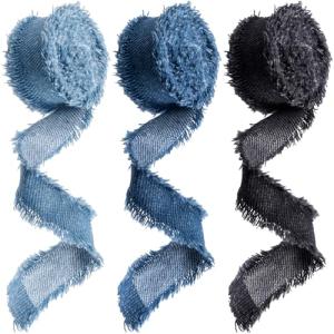 OIIKI 3 Rolls 2 Yards Fringes Fabric Denim Ribbon, 0.98in Frayed Ribbon Fringes Trim for Sewing, Rustic Frayed Fabric Ribbon Trim Embellishments for Wrapping Decorating- Light Blue & Blue & Black