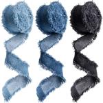 OIIKI 3 Rolls 2 Yards Fringes Fabric Denim Ribbon, 0.98in Frayed Ribbon Fringes Trim for Sewing, Rustic Frayed Fabric Ribbon Trim Embellishments for Wrapping Decorating- Light Blue & Blue & Black