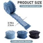 OIIKI 3 Rolls 2 Yards Fringes Fabric Denim Ribbon, 0.98in Frayed Ribbon Fringes Trim for Sewing, Rustic Frayed Fabric Ribbon Trim Embellishments for Wrapping Decorating- Light Blue & Blue & Black