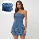 OIIKI 3 Rolls 2 Yards Fringes Fabric Denim Ribbon, 0.98in Frayed Ribbon Fringes Trim for Sewing, Rustic Frayed Fabric Ribbon Trim Embellishments for Wrapping Decorating- Light Blue & Blue & Black