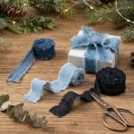OIIKI 3 Rolls 2 Yards Fringes Fabric Denim Ribbon, 0.98in Frayed Ribbon Fringes Trim for Sewing, Rustic Frayed Fabric Ribbon Trim Embellishments for Wrapping Decorating- Light Blue & Blue & Black