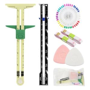 7Pcs Sewing Gauge Measuring Tool, 5-in-1 Sliding Gauge Fabric Quilting Ruler with 2 Tailors Chalk Sewing Pins 2 Tape Measure, T-Shaped Measuring Tool for Sewings Quilting Knitting