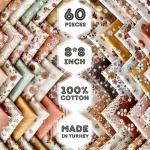 Vintage Floral Patchwork Cotton Fabric Set – 60 Pre-Cut Squares, 20×20 cm (8×8 inch), 100% Cotton, Eco Digital Print, Made in Türkiye