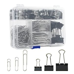 Assorted Size Binder Clips & Jumbo Paper Clips Set - 340pcs Black, Large for Office & School Supplies, in Container with Compartments