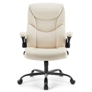 Sweetcrispy Ergonomic Office Chair Heavy Duty Task Desk Chair with Flip-up Arms, PU Leather, Adjustable Swivel Rolling Chair with Wheels, Beige