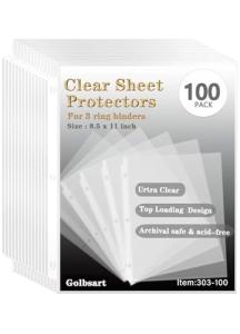 Sheet Protectors 8.5 x11 Inch, 100 Pack Page Protectors for 3 Ring Binder, Top Loading Plastic Sleeves with Reinforced 3-Hole Punch for Binders, Letter Size, for Documents and Photos, Office Supplies.