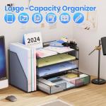 OPNICE Desk Organizer, 4-Tier Desktop File Organizer with Drawer and 2 Pen Holders, Office Desk Accessories, File Sorters, Workspace Organizers for Office Supplies(Black)