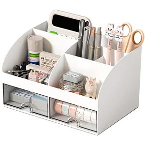 COMFYROOM Desk Organizer with 6 Compartments and 2 Drawers, Plastic Makeup Organizer, Pen Holder for Desktop Storage, Desk Organization for School, Home, Office Supplies (White)