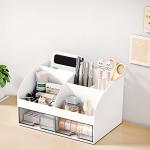 COMFYROOM Desk Organizer with 6 Compartments and 2 Drawers, Plastic Makeup Organizer, Pen Holder for Desktop Storage, Desk Organization for School, Home, Office Supplies (White)
