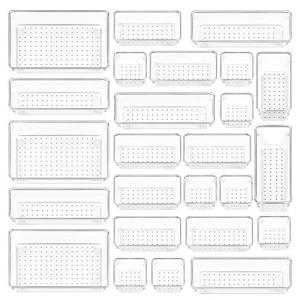 Vtopmart 25 PCS Clear Plastic Drawer Organizers Set, 4-Size Versatile Bathroom and Vanity Drawer Organizer Trays, Storage Bins for Makeup, Bedroom, Kitchen Gadgets Utensils and Office