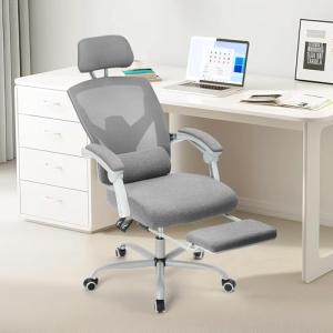 Sweetcrispy Office Computer Desk Chair with Footrest,Ergonomic High-Back Mesh Rolling Work Swivel Chairs with Wheels,Comfortable Lumbar Support,Comfy Arms for Home,Bedroom,Study,Student,Light Grey
