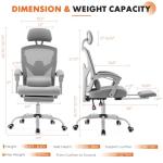 Sweetcrispy Office Computer Desk Chair with Footrest,Ergonomic High-Back Mesh Rolling Work Swivel Chairs with Wheels,Comfortable Lumbar Support,Comfy Arms for Home,Bedroom,Study,Student,Light Grey