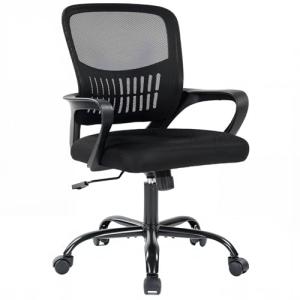 DUMOS Home Office Computer Chair - Ergonomic Mid Back Desk with Lumbar Support and Rocking Mode, Height Adjustable with Fixed Armrest, for Conference Meeting Room, 360° Swivel, Adults, Black
