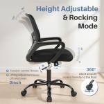 DUMOS Home Office Computer Chair - Ergonomic Mid Back Desk with Lumbar Support and Rocking Mode, Height Adjustable with Fixed Armrest, for Conference Meeting Room, 360° Swivel, Adults, Black